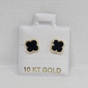 Oro 10k Arete Esmaltado Earrings 4 Leaf Black Inspired (7mm)